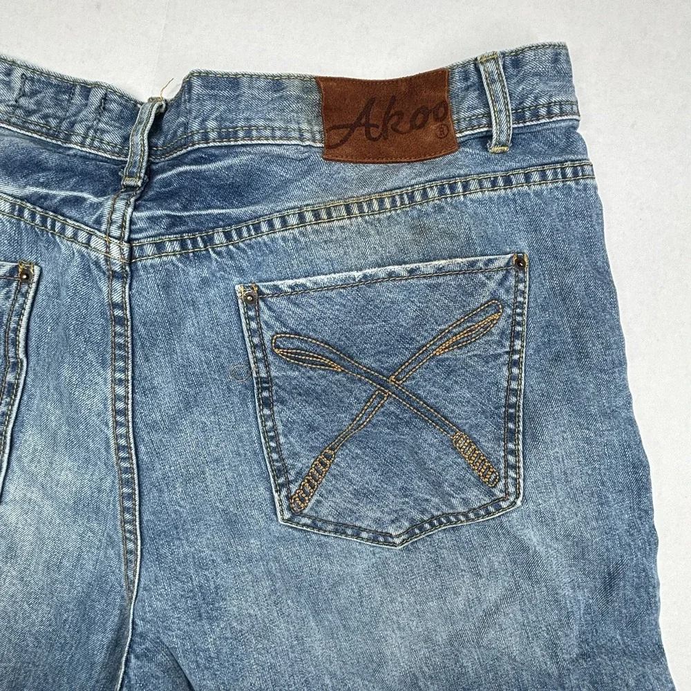 Akoo 99th Bombardier Blue Denim Mens Jean Shorts 42X11 Camo Patchwork Street EUC